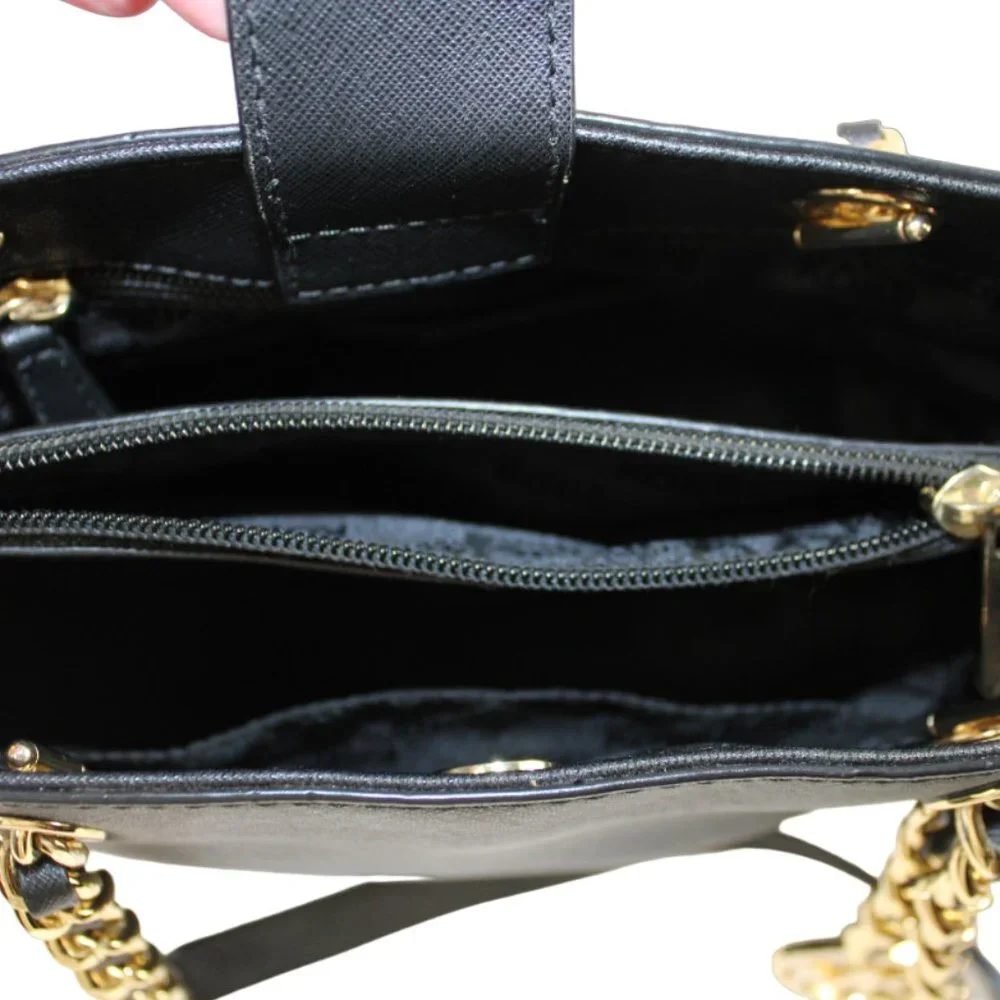 Michael Kors Susannah Black Saffiano Leather Structured Satchel Tote Gold Chain